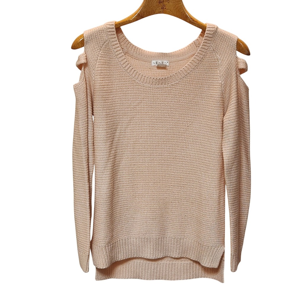 Venus Baby Pink Cold Shoulder Sweater Ribbed Knit Pullover Long‎ Sleeve Womens M